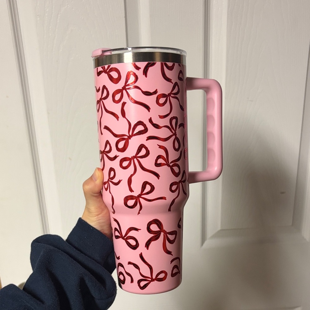 Pink Bow Patterned Travel Tumbler with Handle